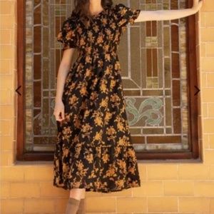 Smocked puff ruffle sleeve floral THML OH SEW PEACHY dress Midi maxi
